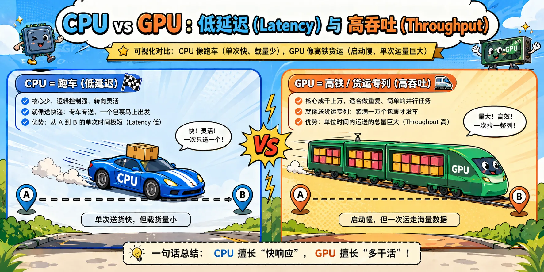 Figure 2.5 CPU vs GPU low latency vs high throughput comparison